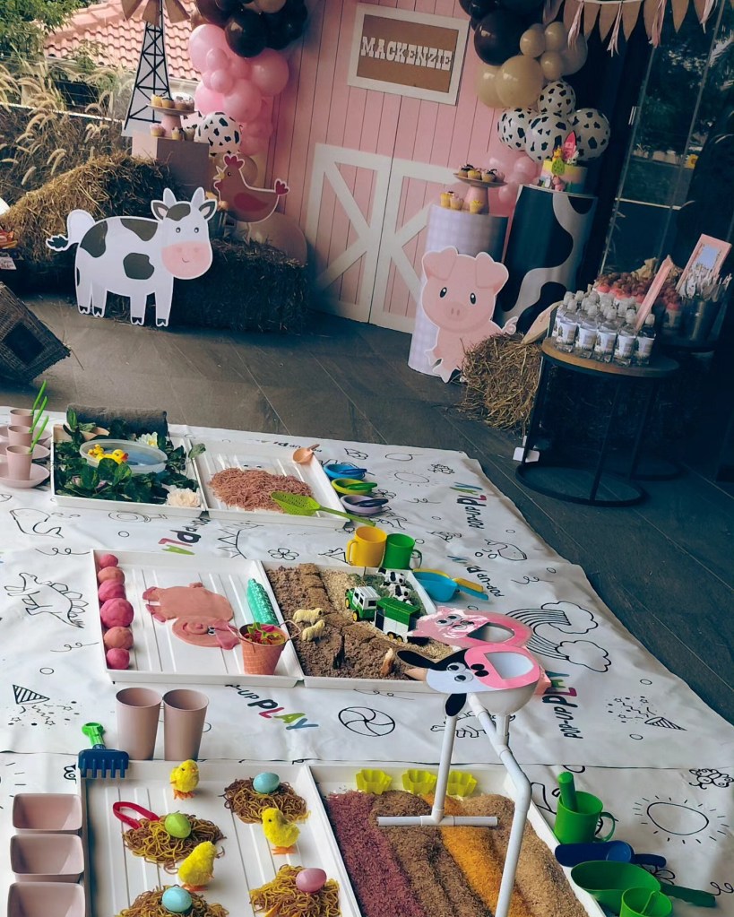 Farm themed messy play for first birthday party